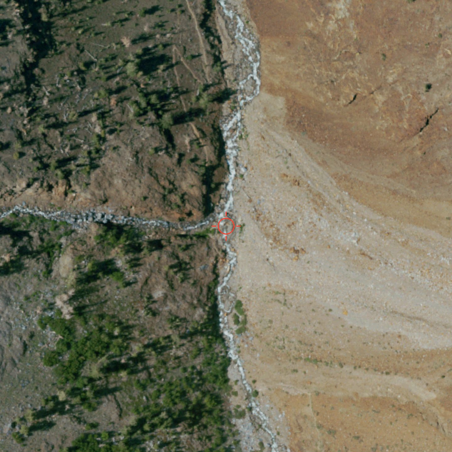 NAIP aerial of the main-stem Convict Creek crossing at trail mile 3.62