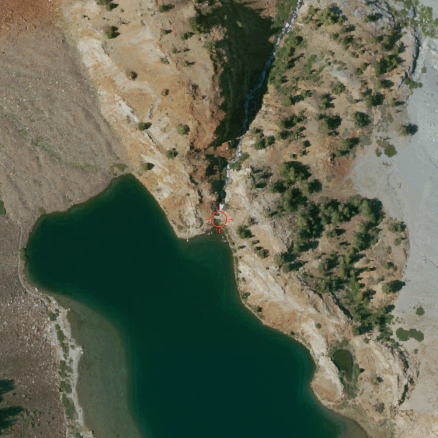 NAIP aerial of the mapped bridge node at the Mildred Lake outlet, Convict Creek