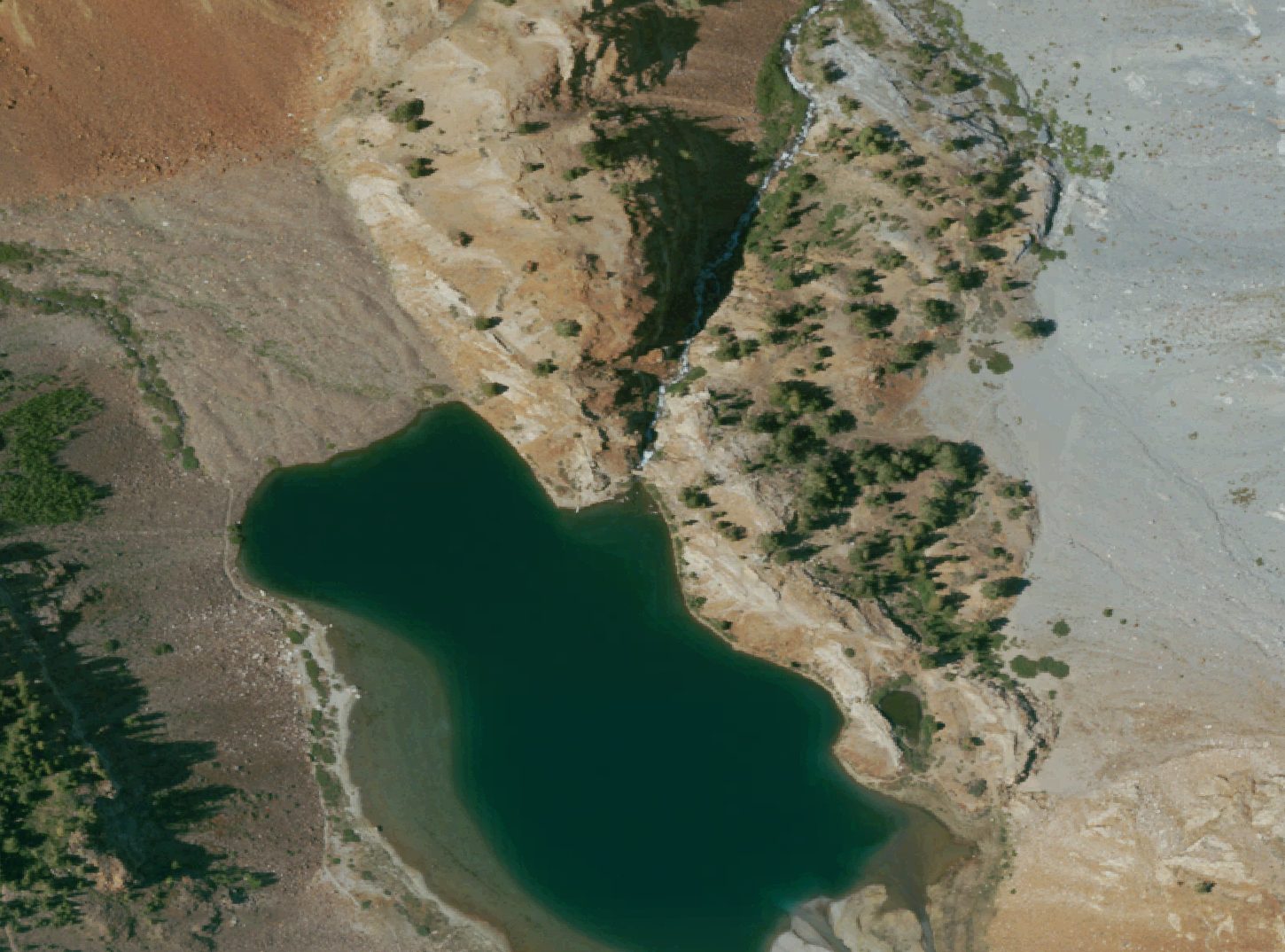 Tight NAIP crop centred on the mapped bridge node at the Mildred Lake outlet