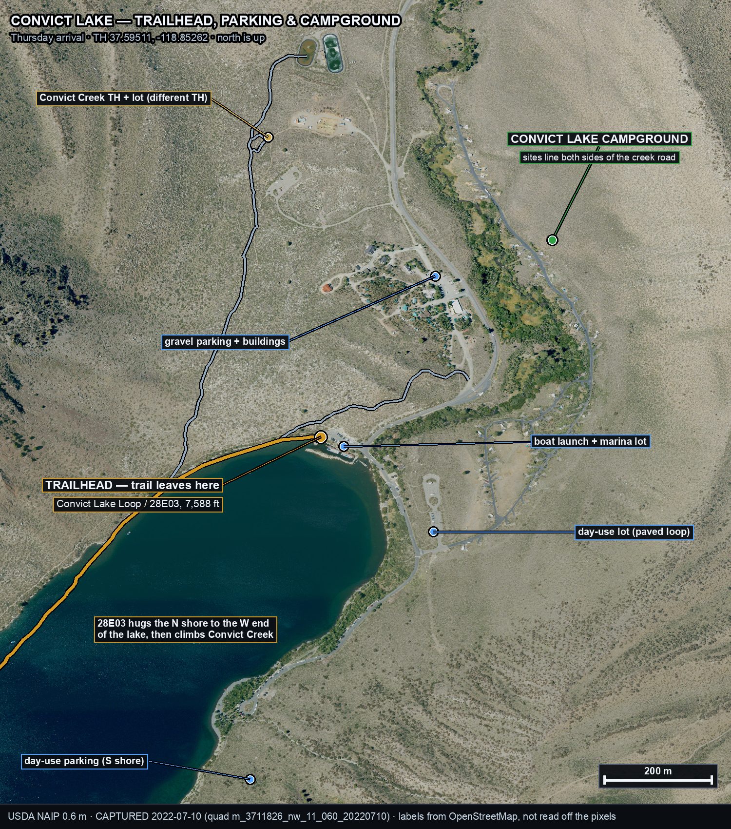 Annotated aerial of Convict Lake, the parking lots and the campground