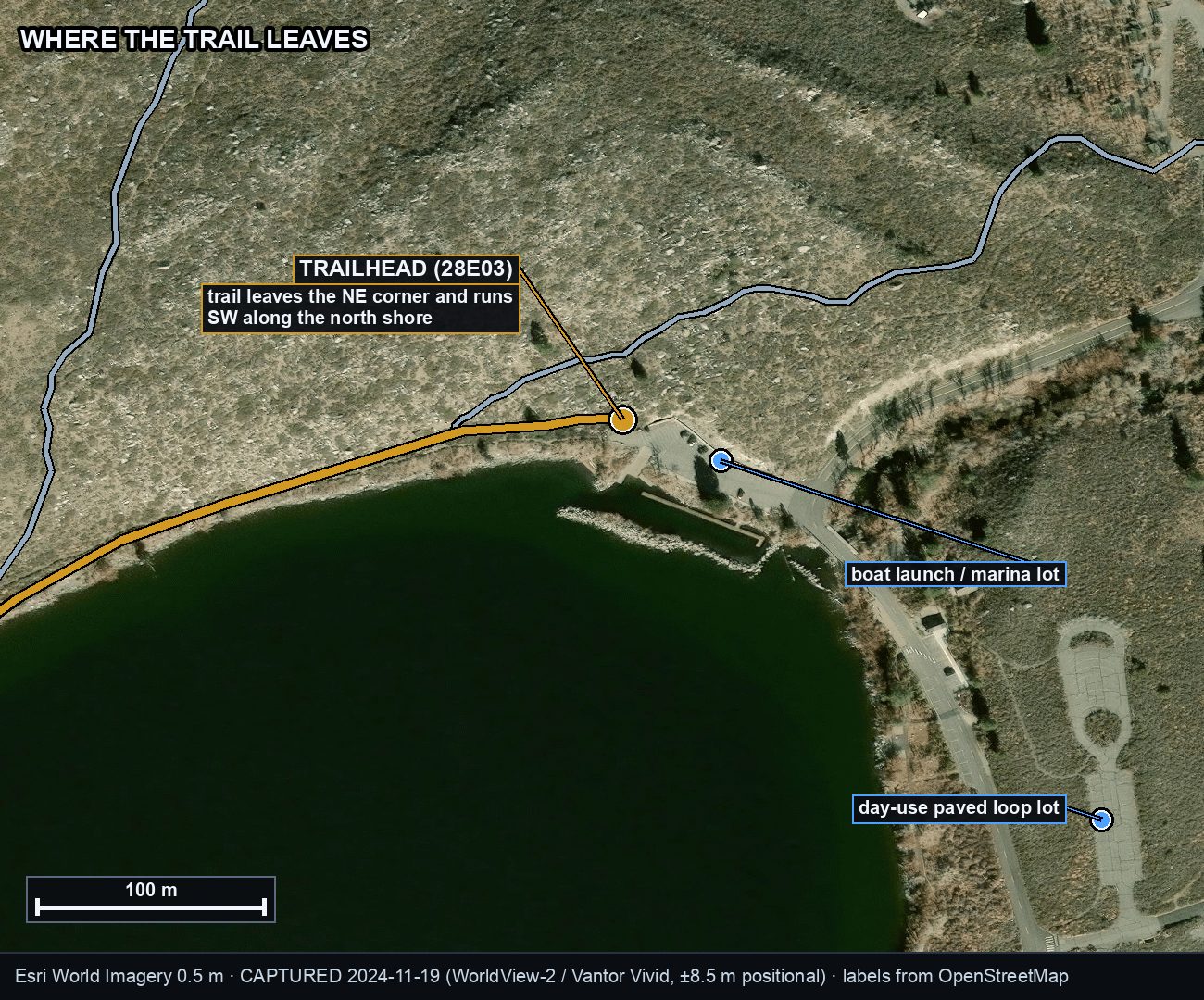 Annotated close-up of the Convict Lake trailhead