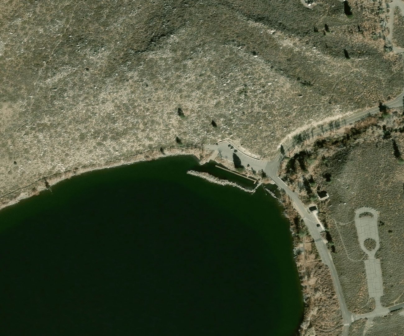 Esri World Imagery close-up of the Convict Lake trailhead